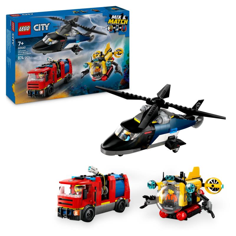 LEGO City - 60462 - Combinação de Helicóptero, Camião dos Bombeiros e Submarino