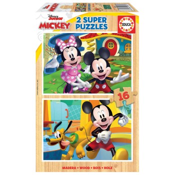 EDUCA Puzzle 2x16 peças em madeira, Mickey e Minnie - 19287 