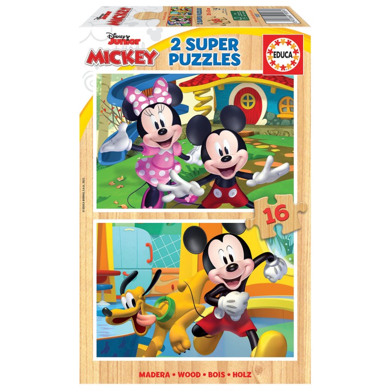 EDUCA Puzzle 2x16 peças em madeira, Mickey e Minnie - 19287 