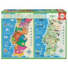 Puzzle 2x100 Mapa Distritos + Físico Portugal - 18297 - EDUCA