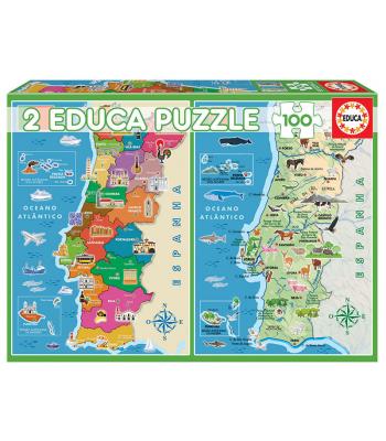 Puzzle 2x100 Mapa Distritos + Físico Portugal - 18297 - EDUCA